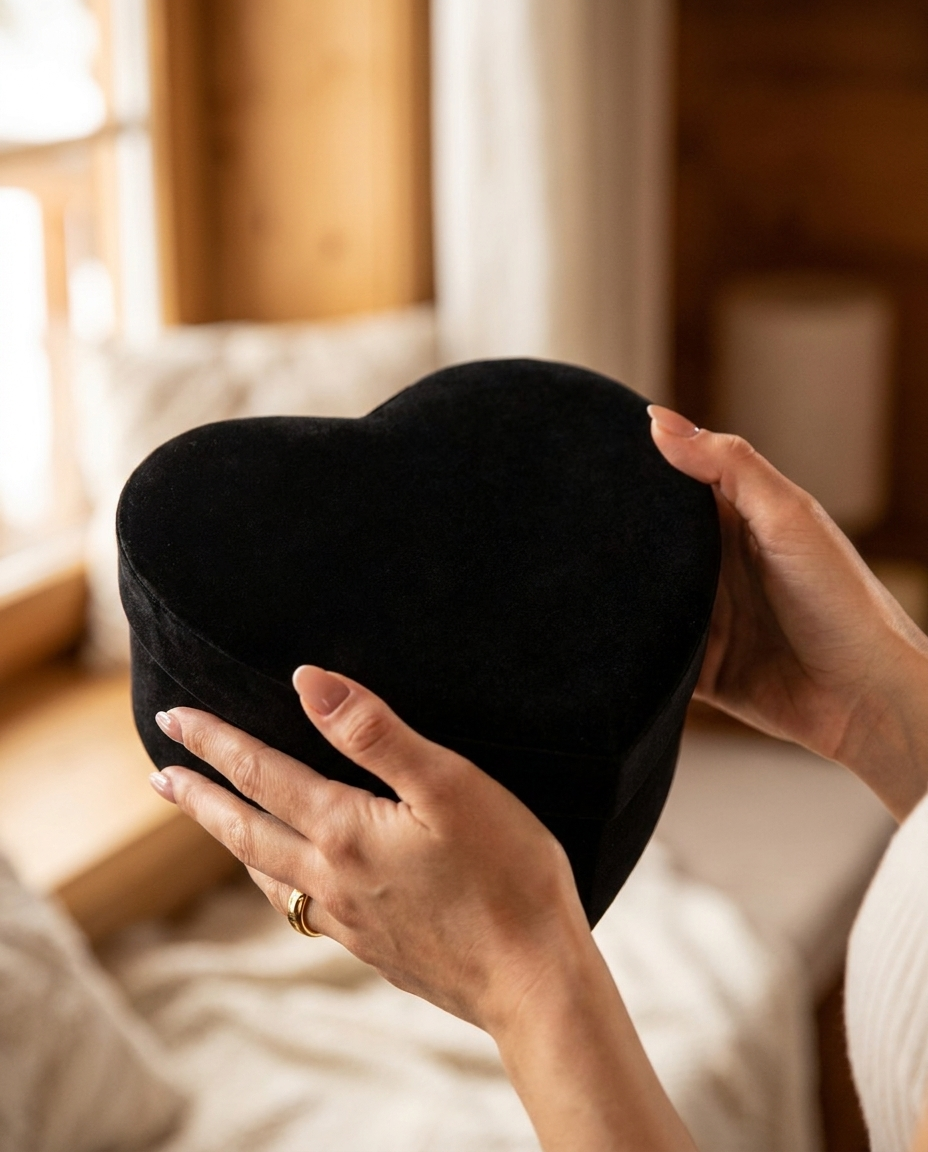 Black velvet heart gift box held in two hands as a present