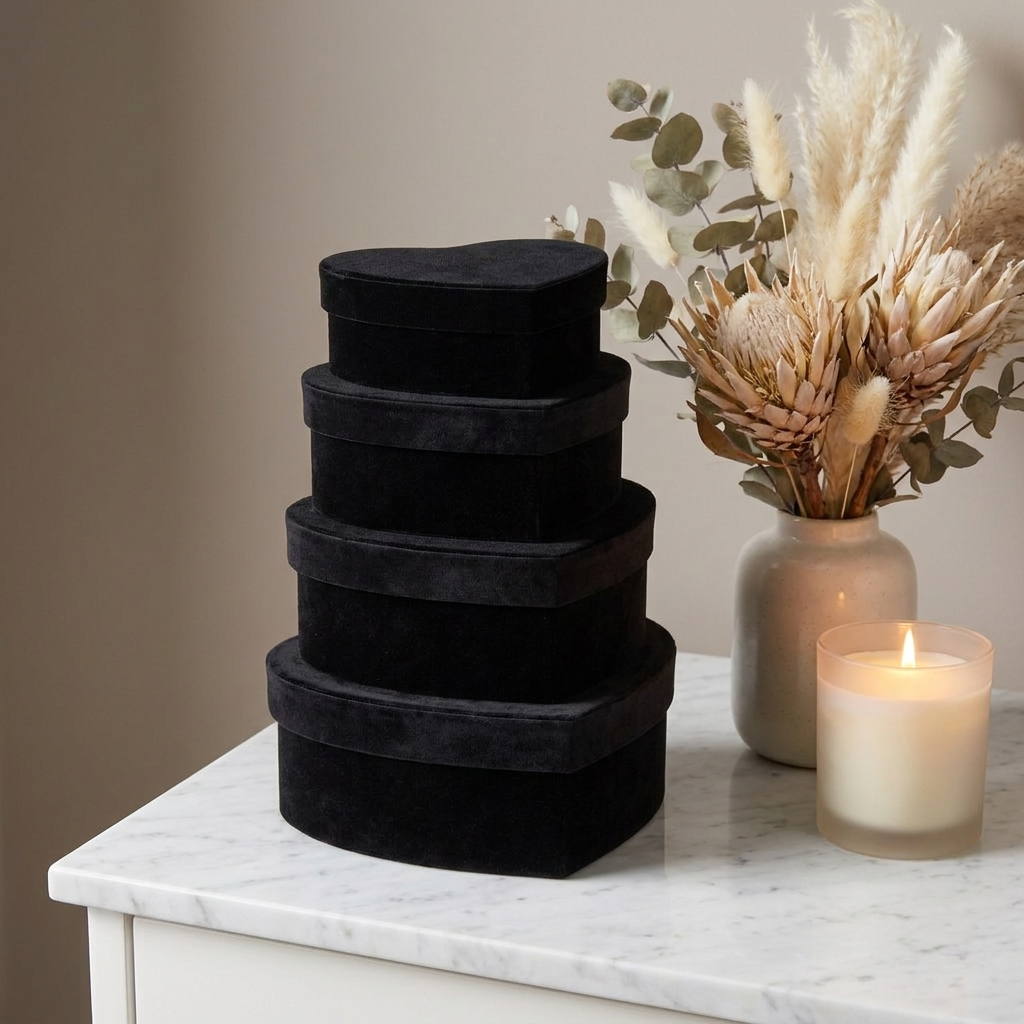 Black velvet heart nesting boxes stacked on marble vanity with dried flowers