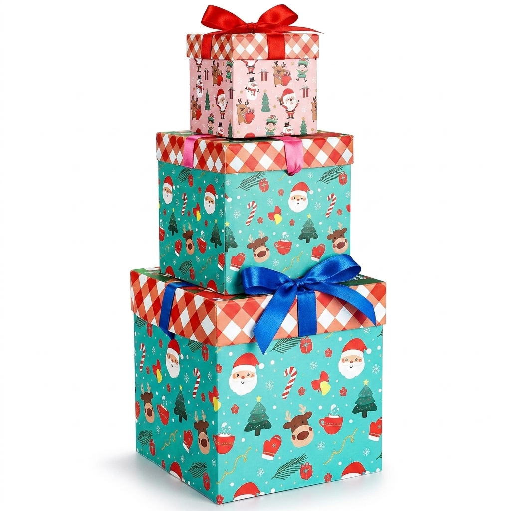 Holiday nesting gift box set stacked tower with bows on white background