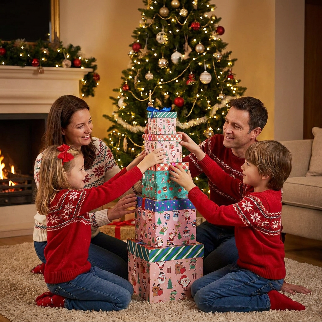 Family arranging Christmas nesting gift boxes under the tree