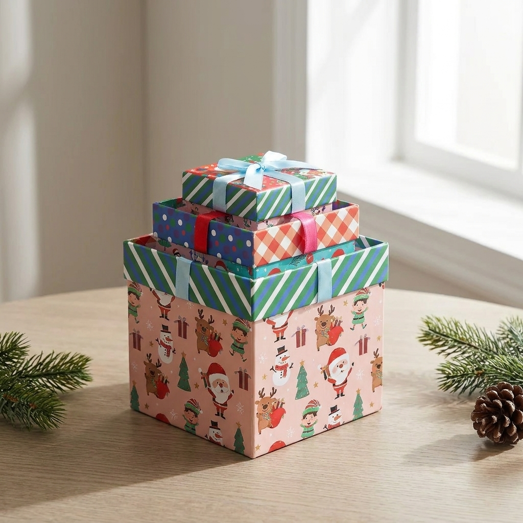 Christmas gift boxes nested together for compact storage