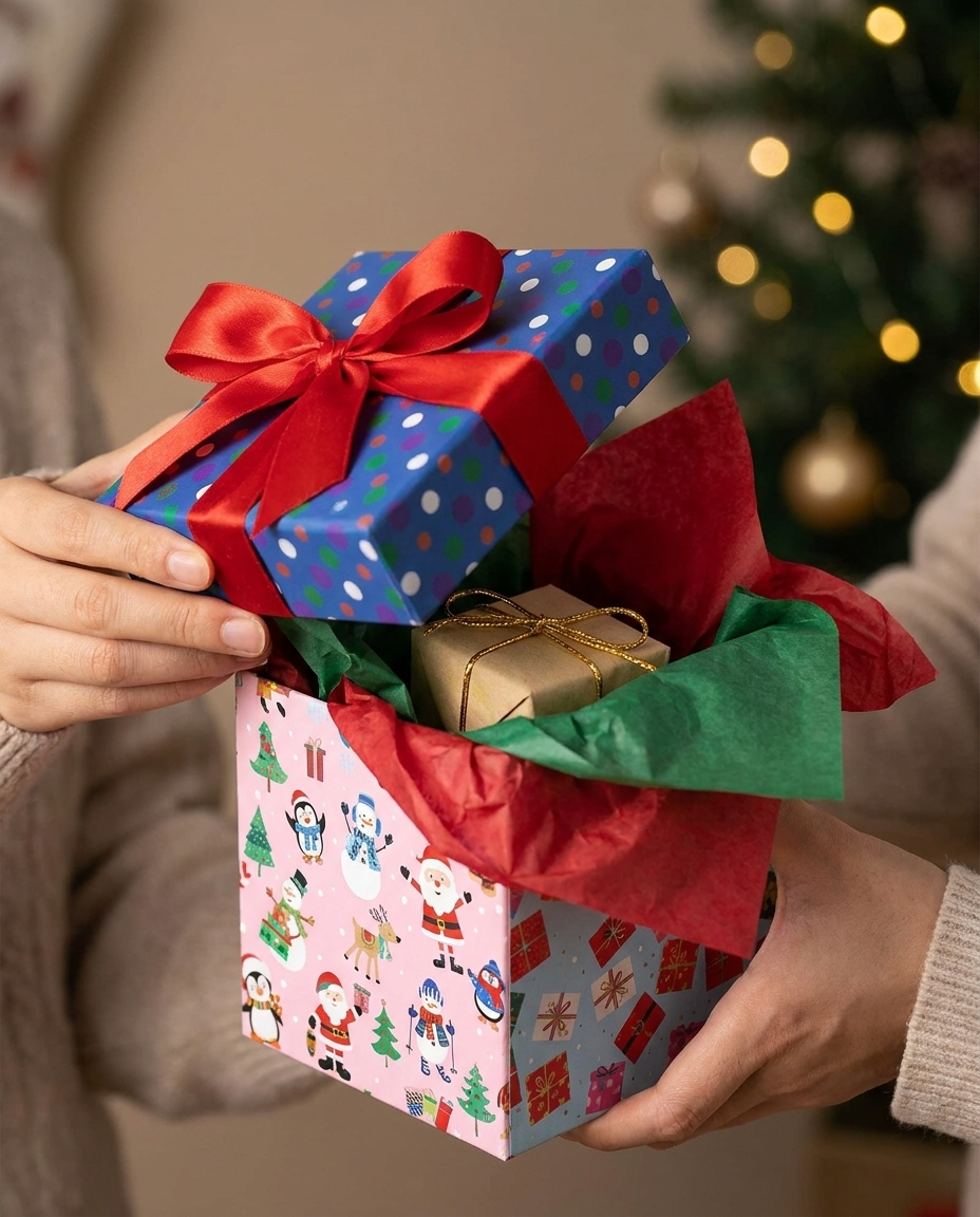 Close-up of festive gift box with ribbon bow lid being opened