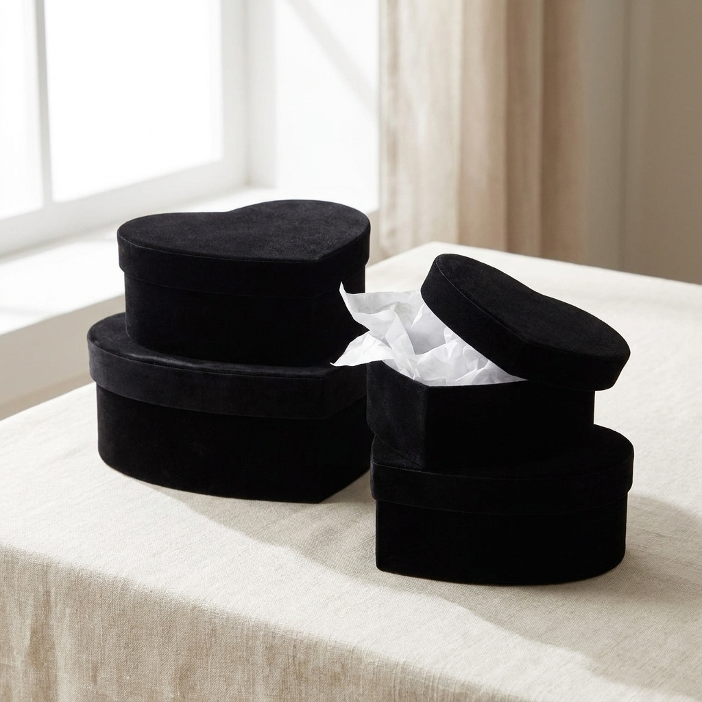 Four graduated black velvet heart gift boxes on cream linen with lid lifted
