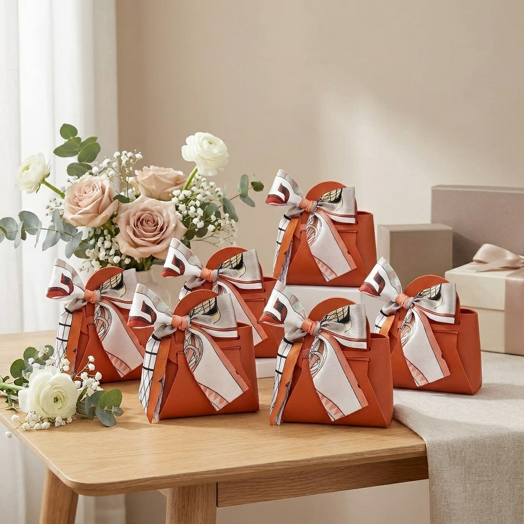 Orange handbag favor pouches on a wedding gift table