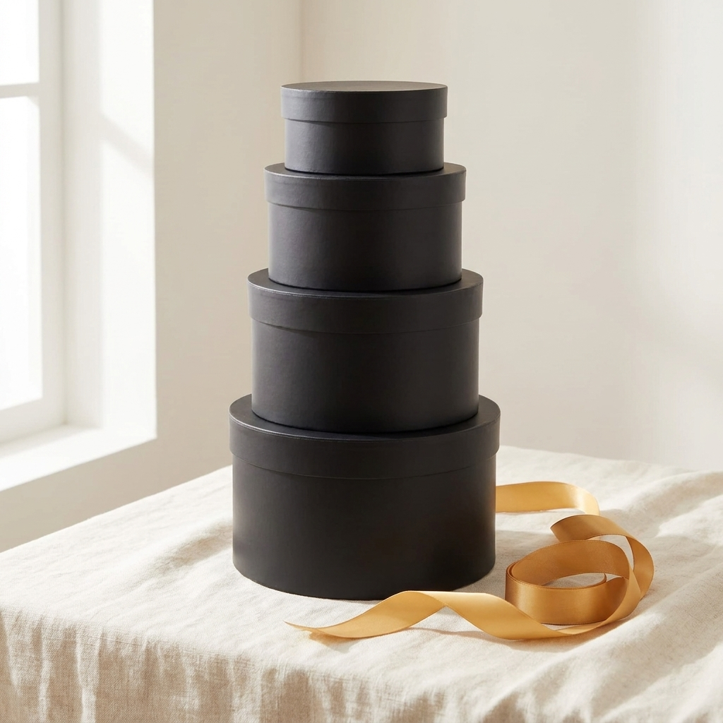 Round black nesting boxes stacked on cream linen with gold ribbon