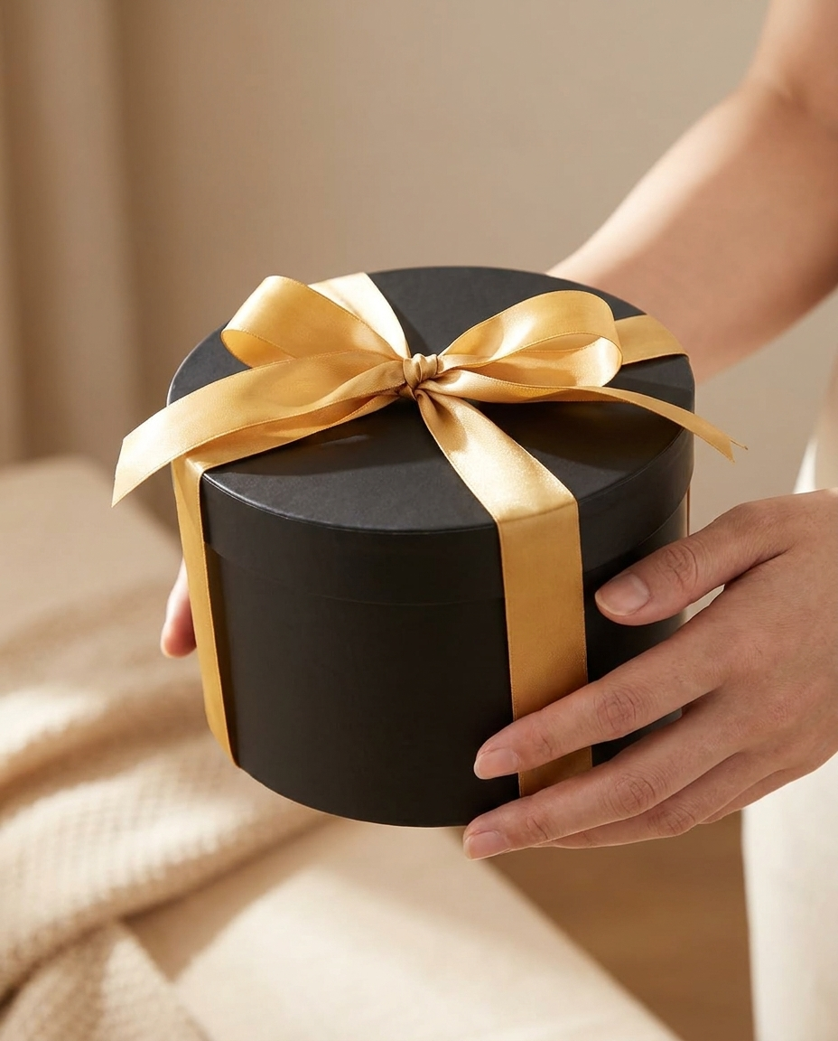 Round black gift box with gold bow held in two hands