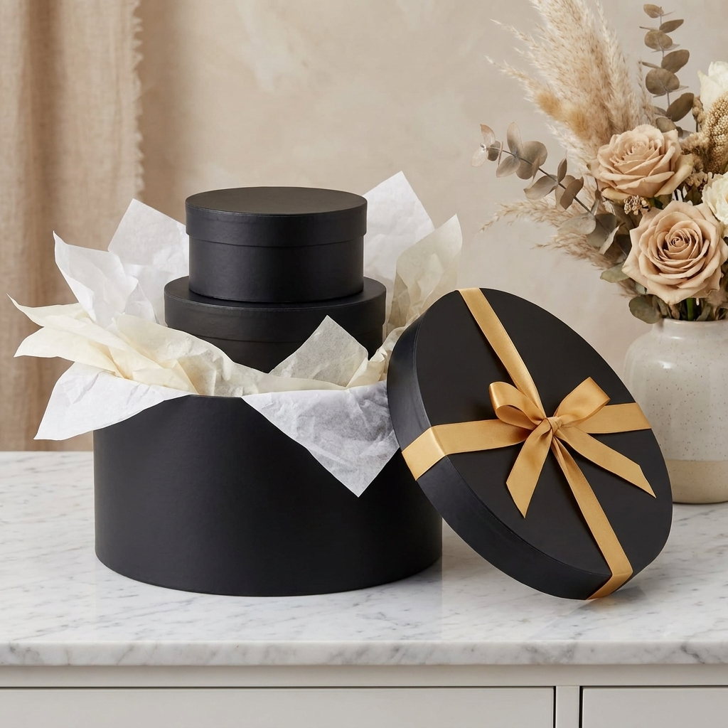 Open round black gift box with gold ribbon on marble vanity