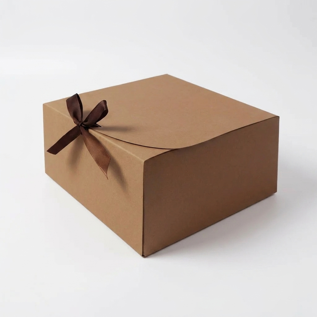 Brown kraft gift box with ribbon bow on white background