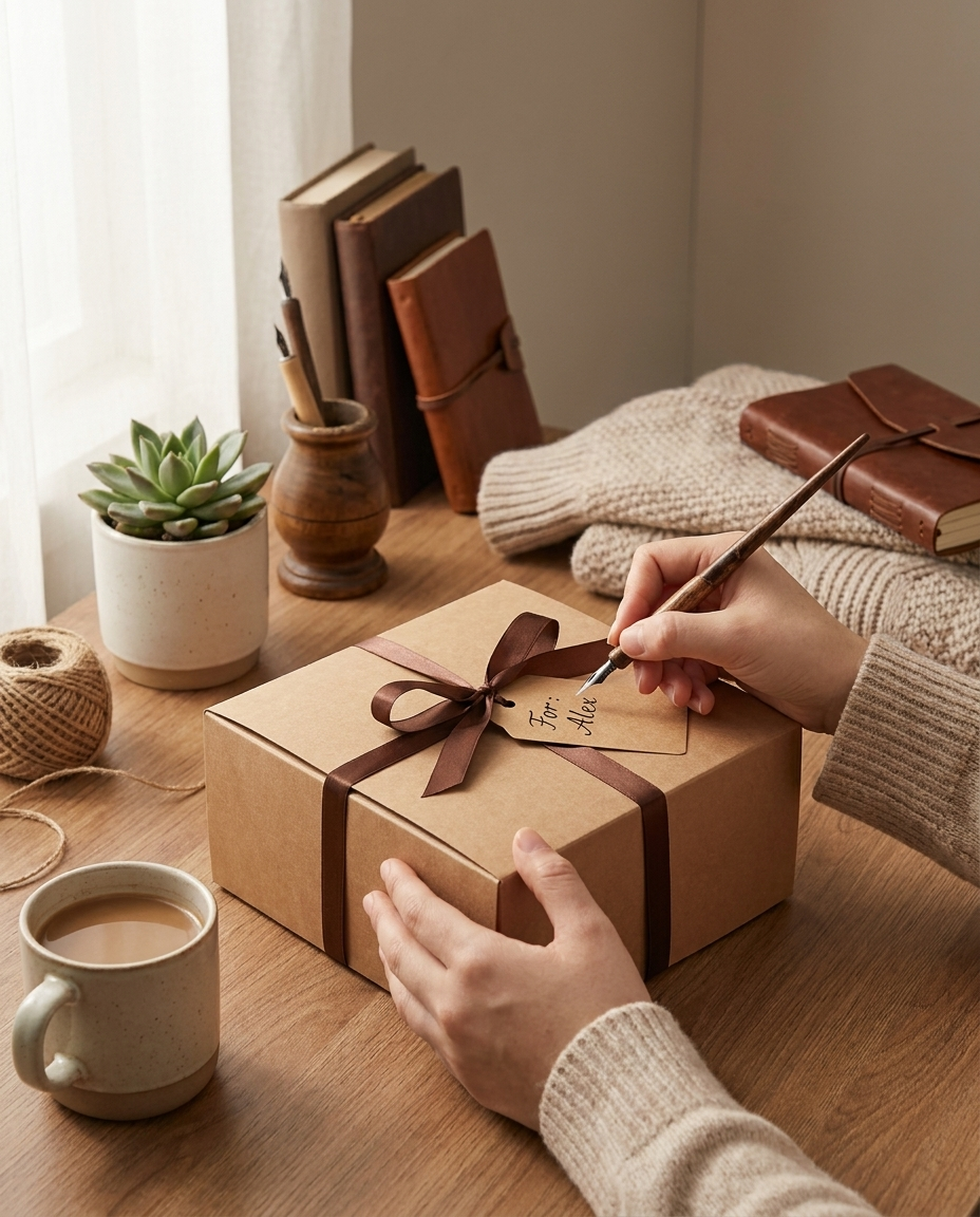 Writing a name tag on a brown kraft gift box