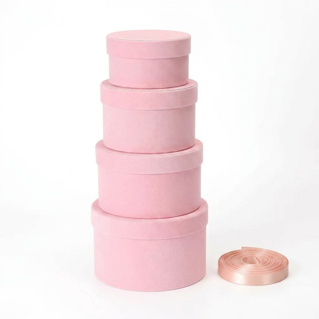 Set of 4 pink velvet round nesting gift boxes with pink ribbon
