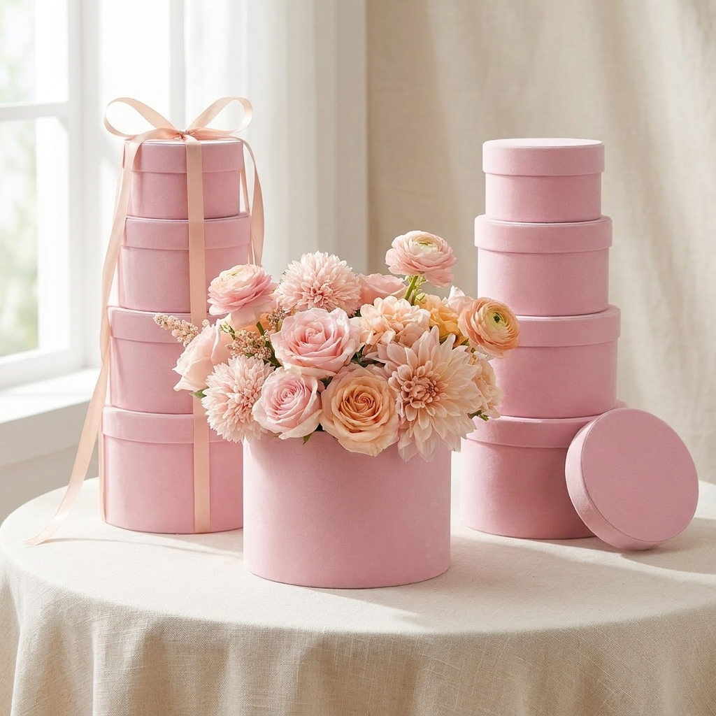 Pink velvet round box used as a flower box with pink blooms