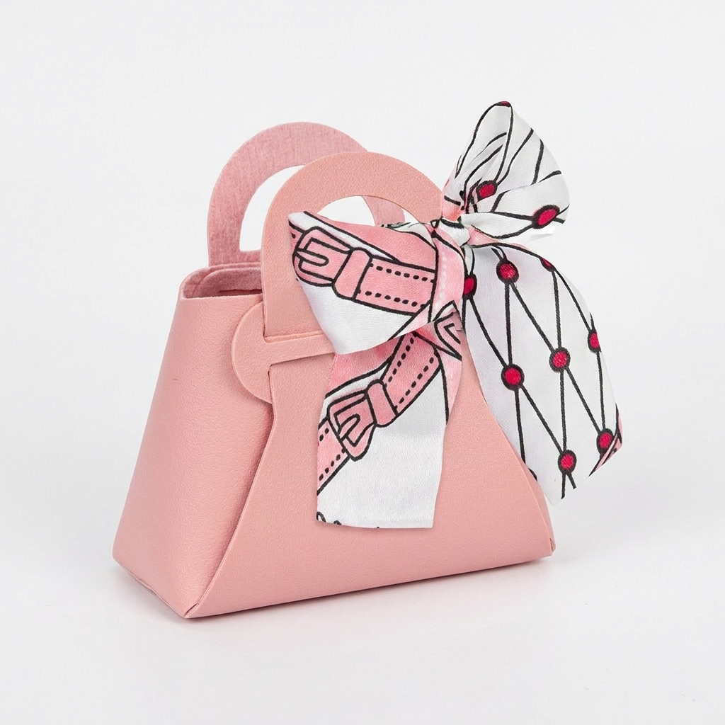Pink PU leather handbag-shaped favor box with silk ribbon bow