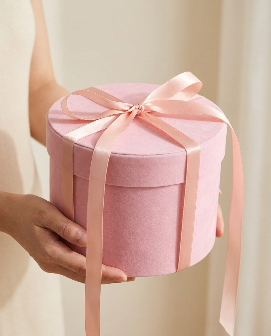 Pink velvet round gift box with ribbon bow held in two hands