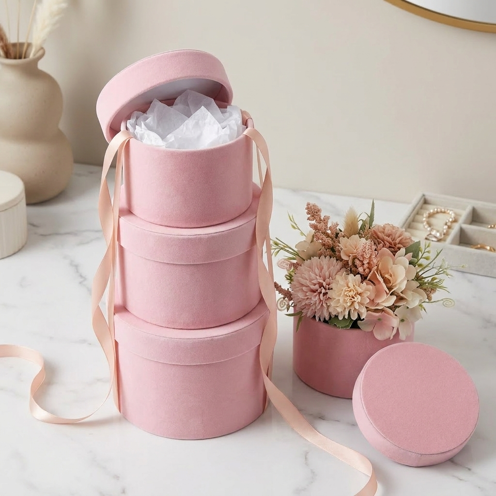 Open pink velvet round nesting box with tissue paper on marble vanity