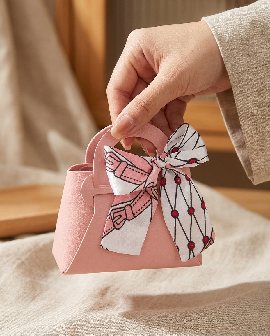 Hand holding a pink leather handbag favor box by the handle