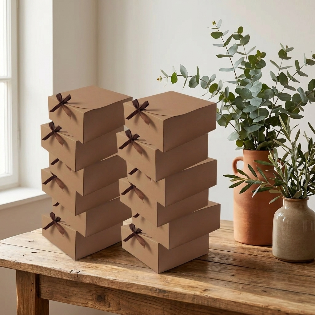 Stack of brown kraft gift boxes with ribbon bows on a wooden table