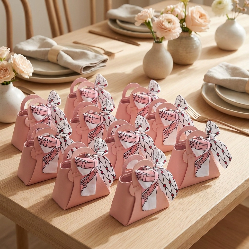 Group of pink leather favor boxes on a celebration table