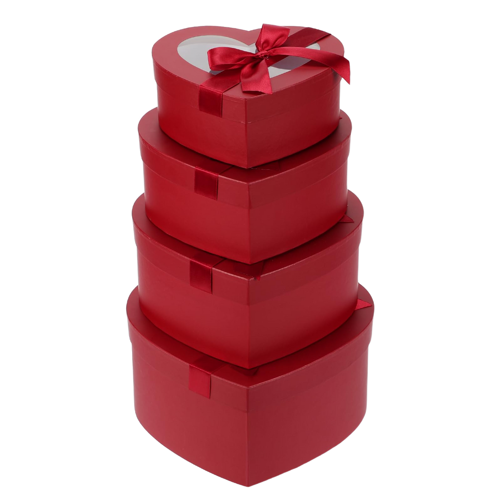 Set of 4 red heart-shaped nesting flower boxes with clear lids and red bows