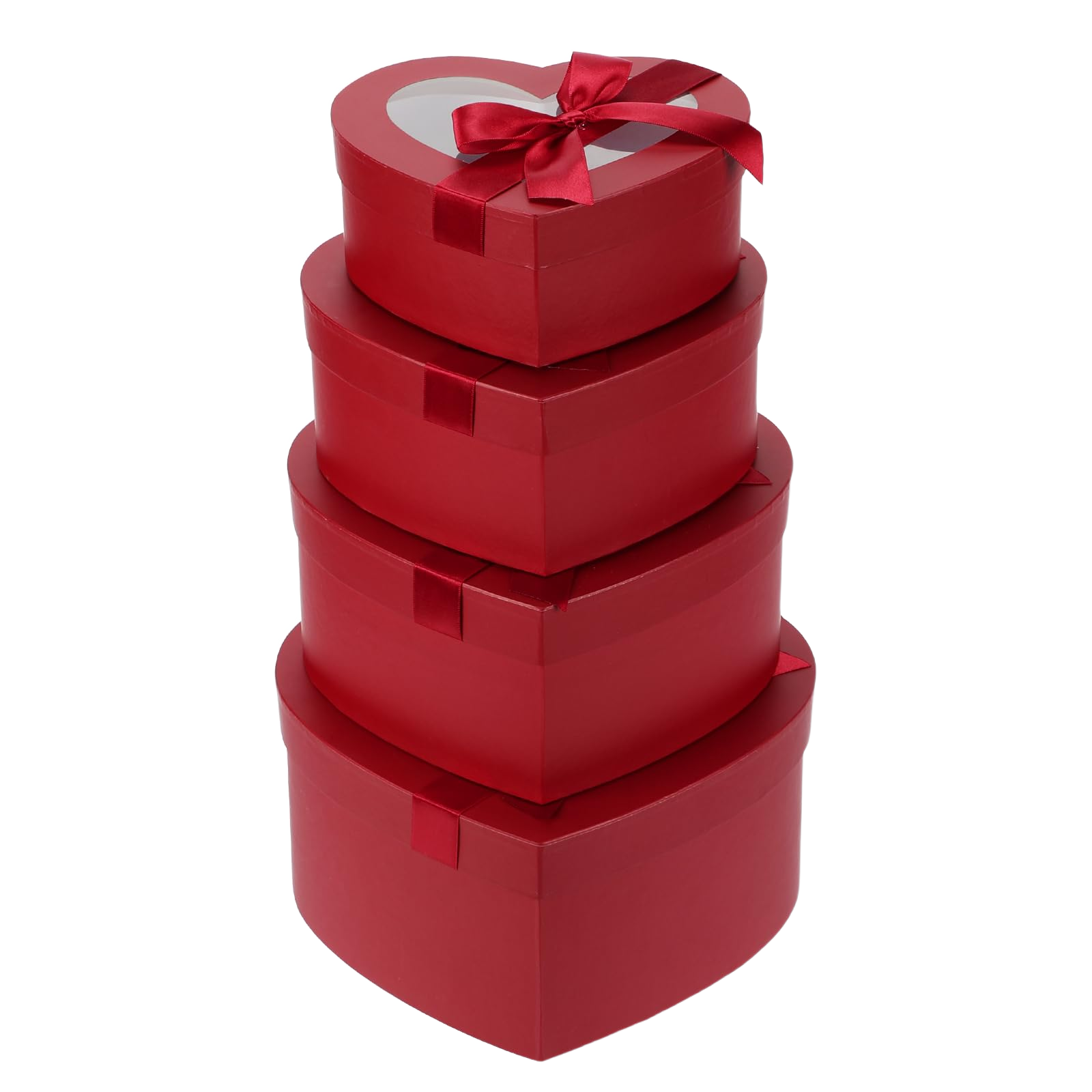 Set of 4 red heart-shaped nesting flower boxes with clear lids and red bows