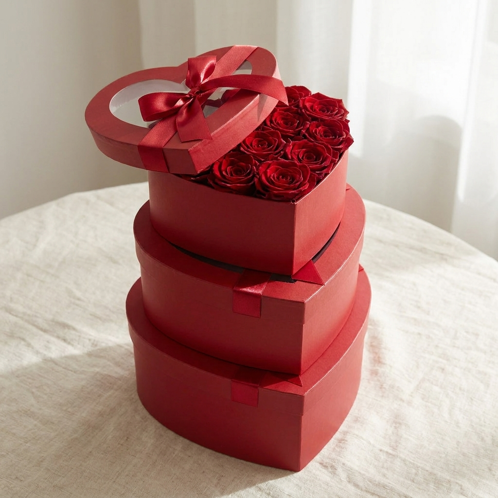 Red heart flower boxes with roses on cream linen, Valentine scene