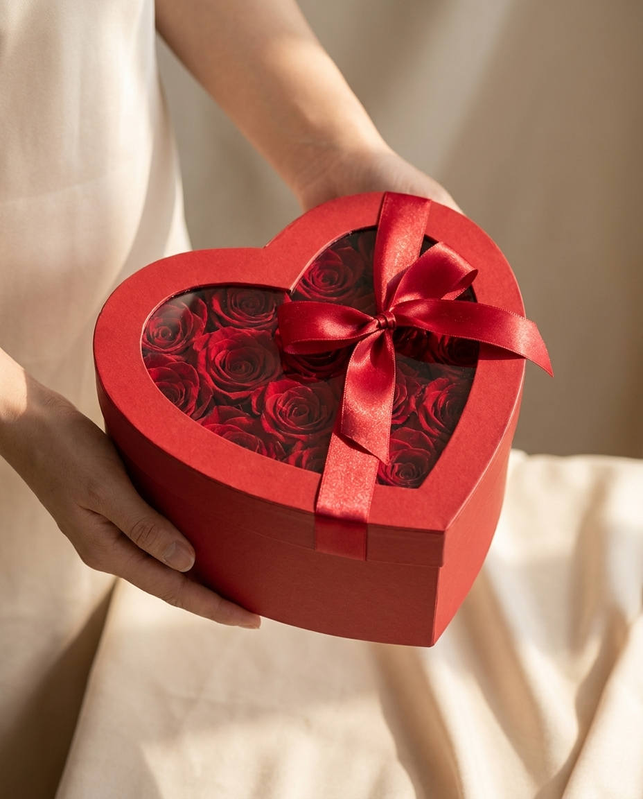 Red heart flower box with roses held in two hands