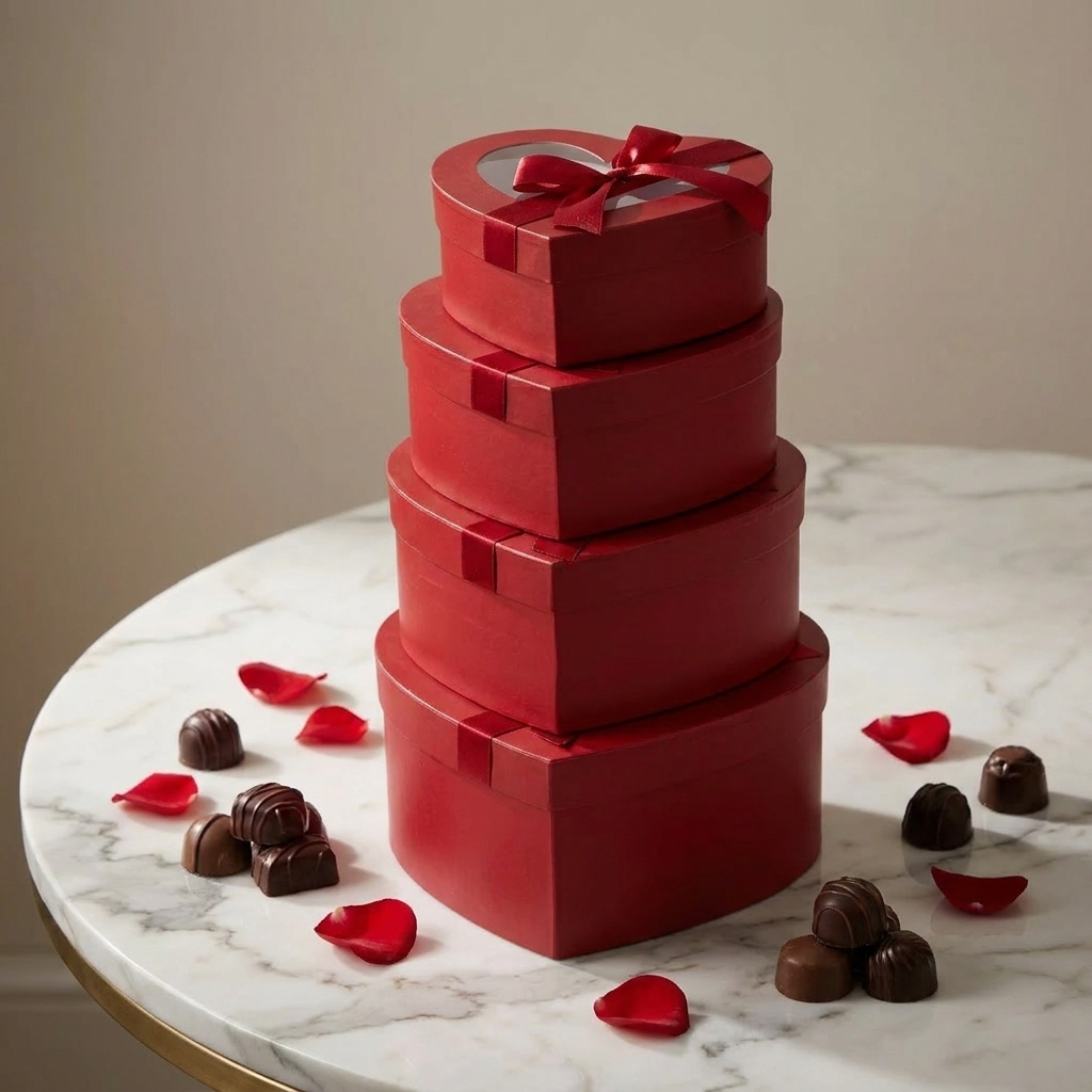 Red heart nesting boxes with clear lids on marble beside chocolates