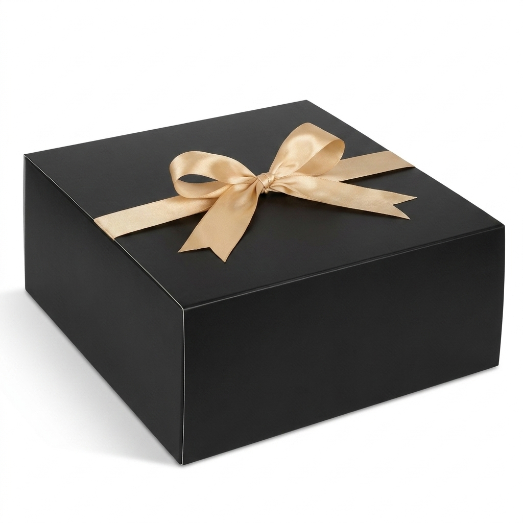 Large black gift box with gold ribbon bow on white background