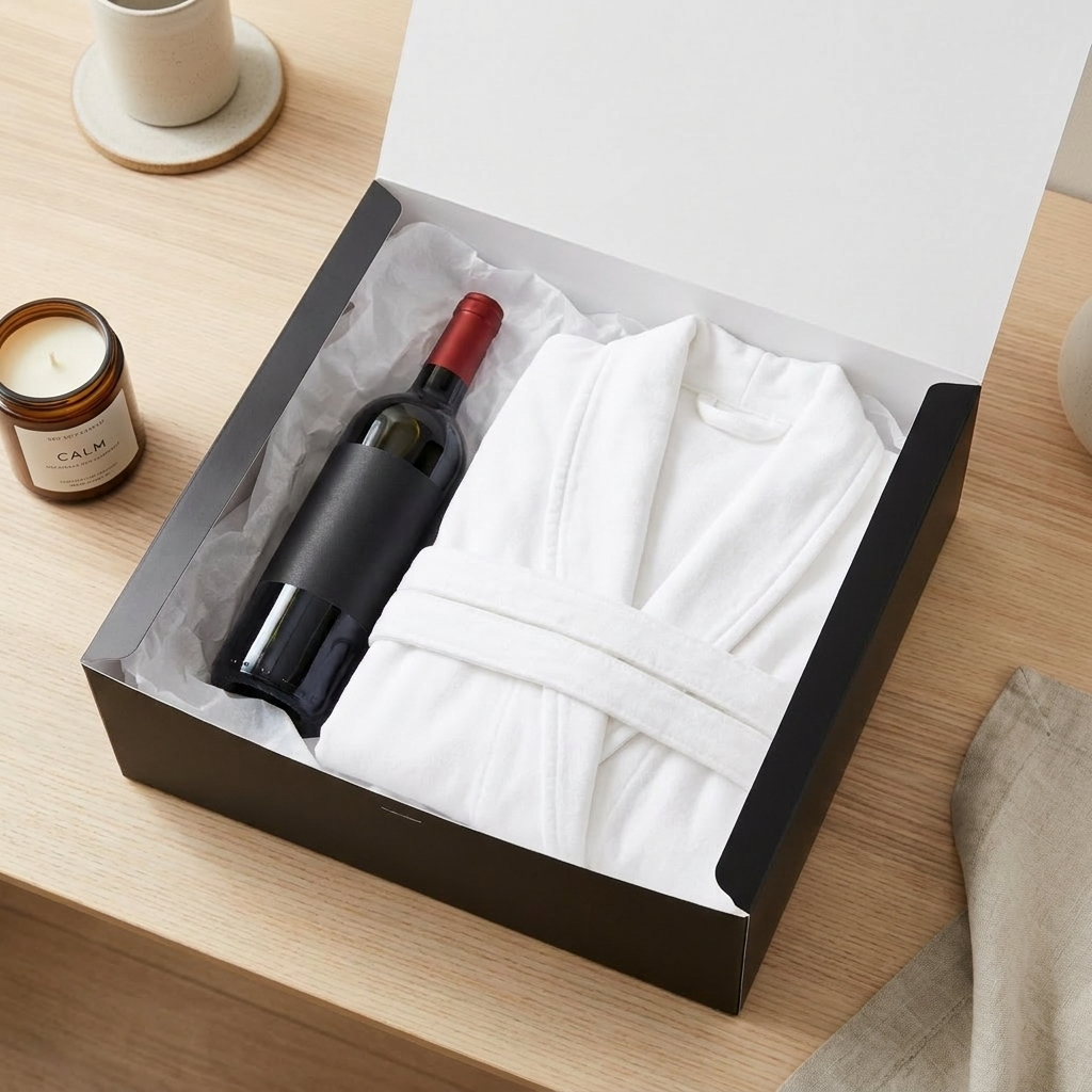 Open black gift box with a curated gift inside