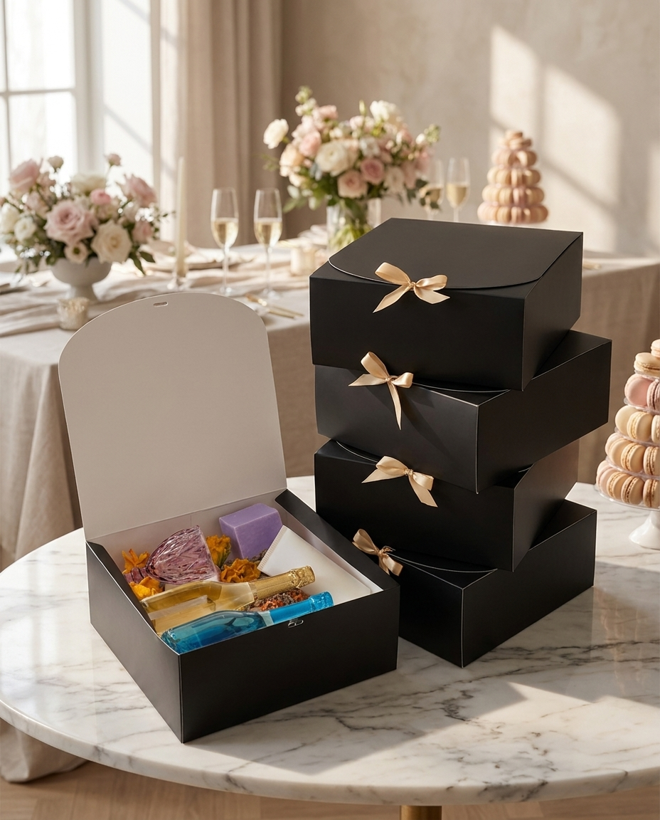 Stack of black gift boxes with gold ribbon bows