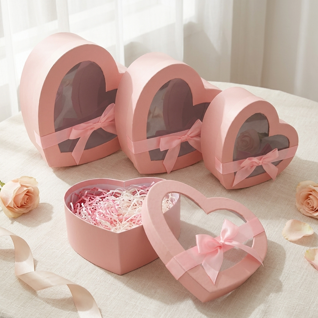 Three pink heart window boxes on cream linen, Valentine scene