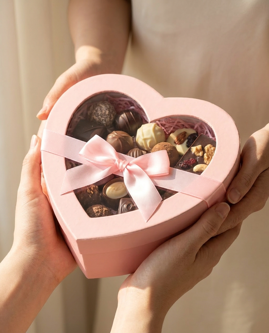 Pink heart window gift box with chocolates held in two hands