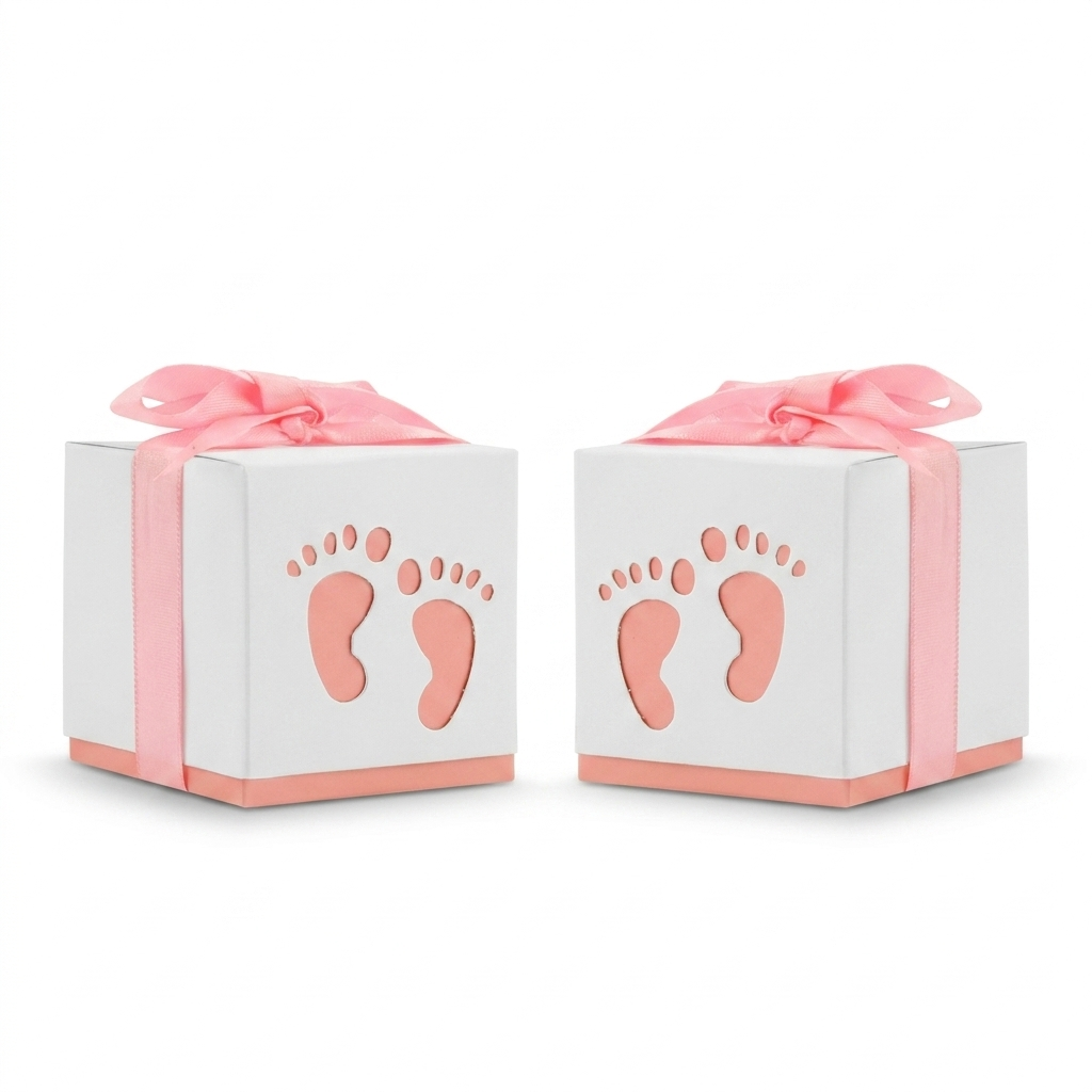 White baby shower favor boxes with pink footprint cut-out and ribbon