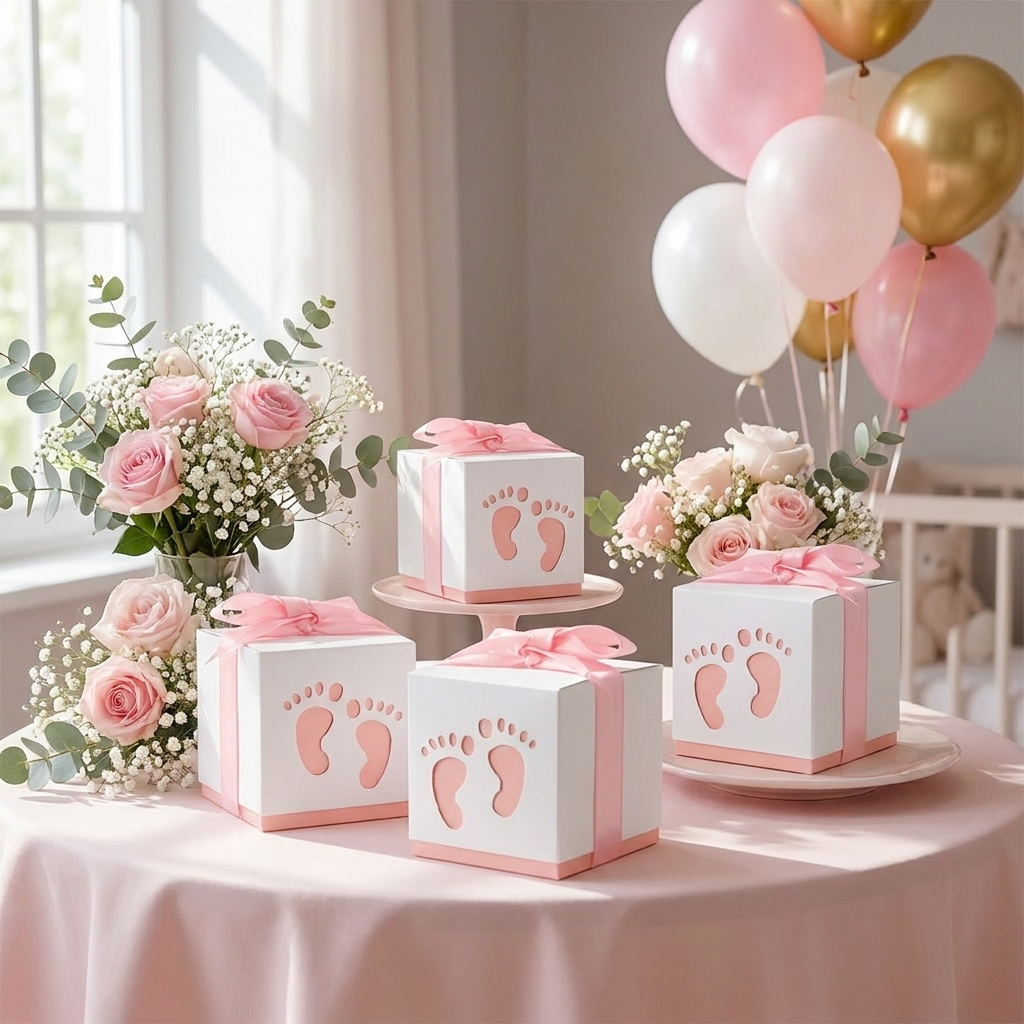 Baby footprint favor boxes on a pink baby shower table
