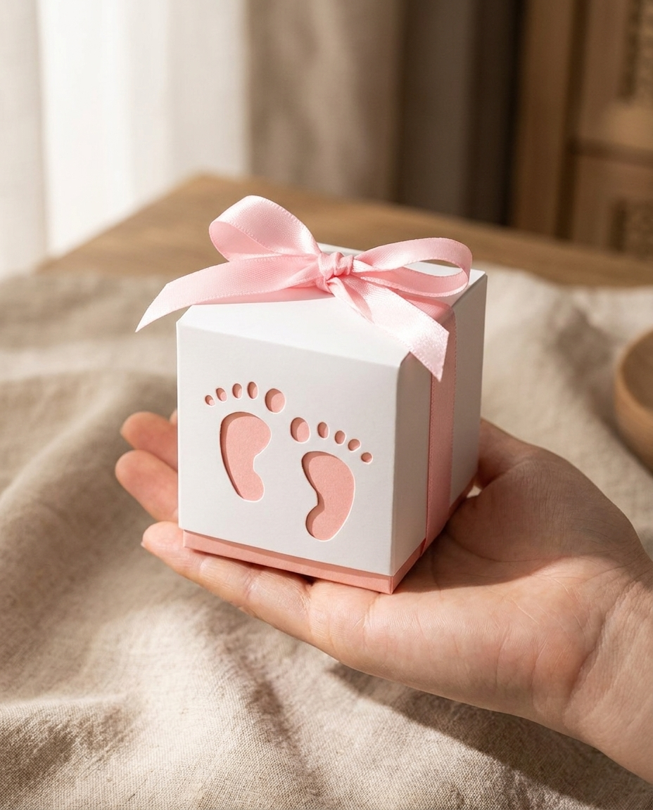 Hand holding a white baby footprint favor box with pink ribbon