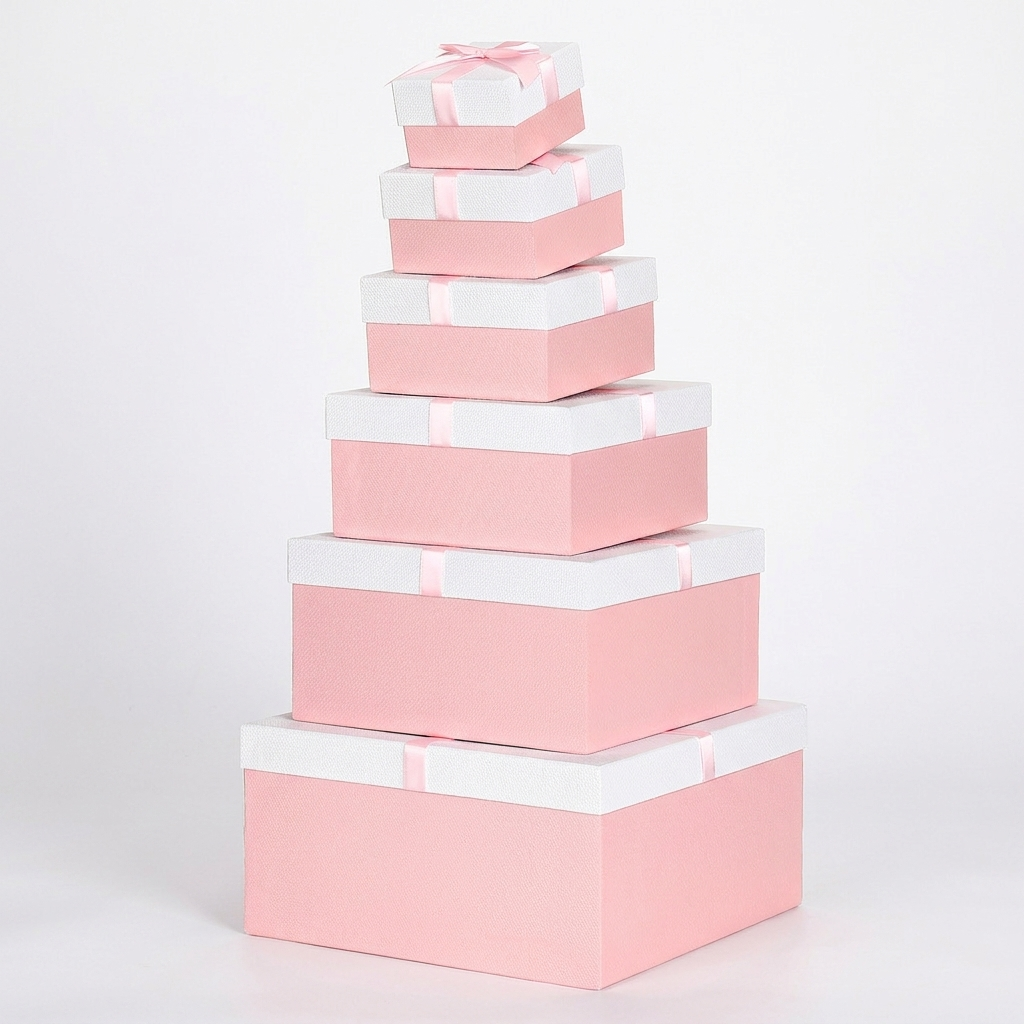 Set of six pink square nesting gift boxes with white lids and ribbon