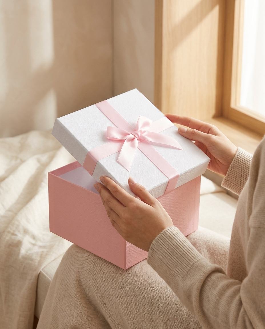 Woman lifting the lid off a pink gift box with ribbon