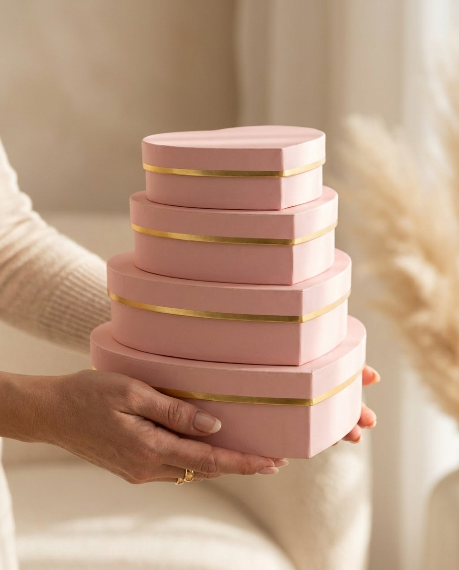 Pink heart gift box with gold trim held in two hands