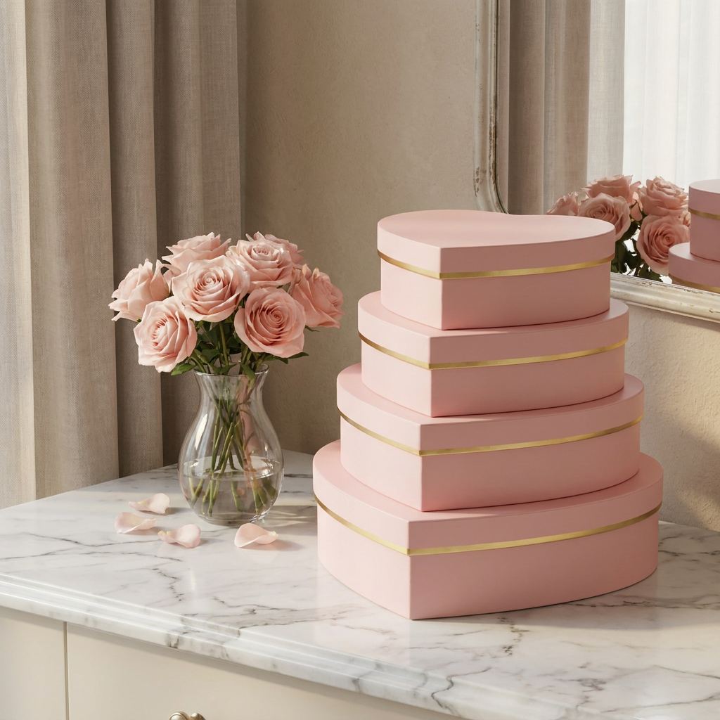 Pink heart nesting boxes with gold trim on marble vanity with roses