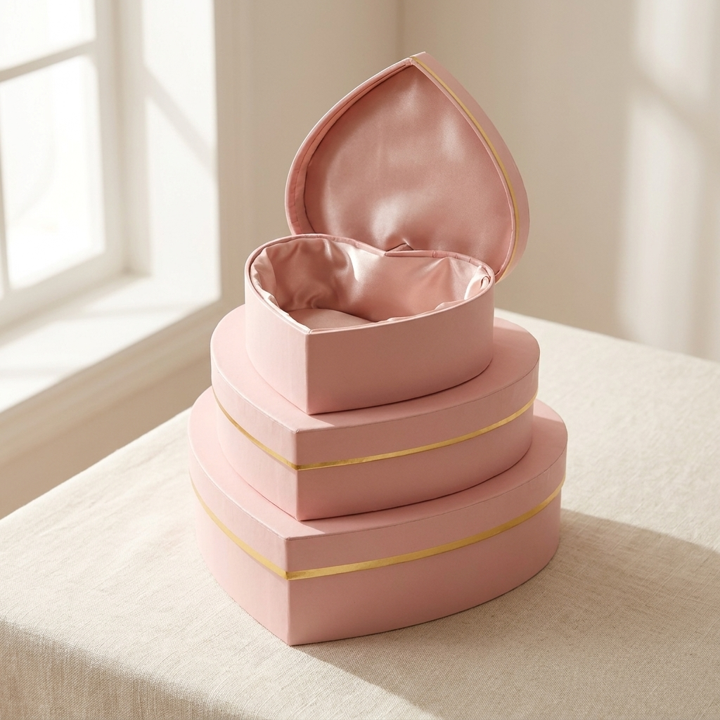 Four pink heart gift boxes with gold trim on cream linen, lid lifted