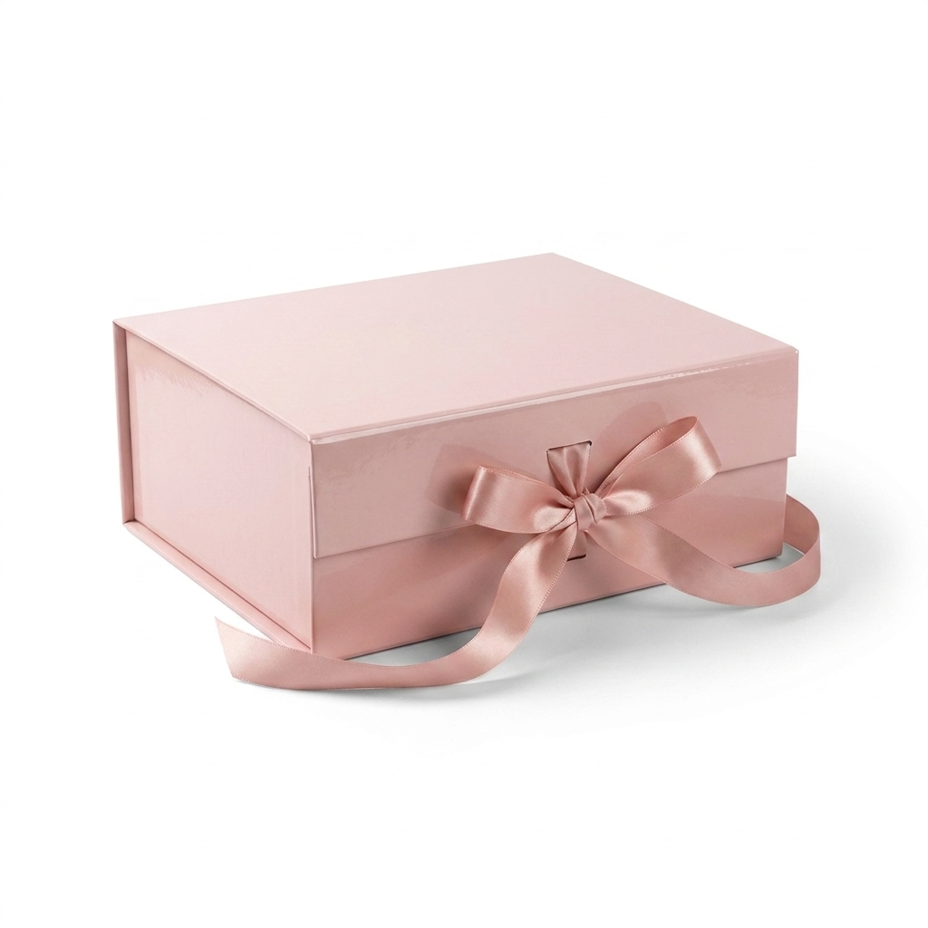 Blush pink magnetic gift box with ribbon on white background