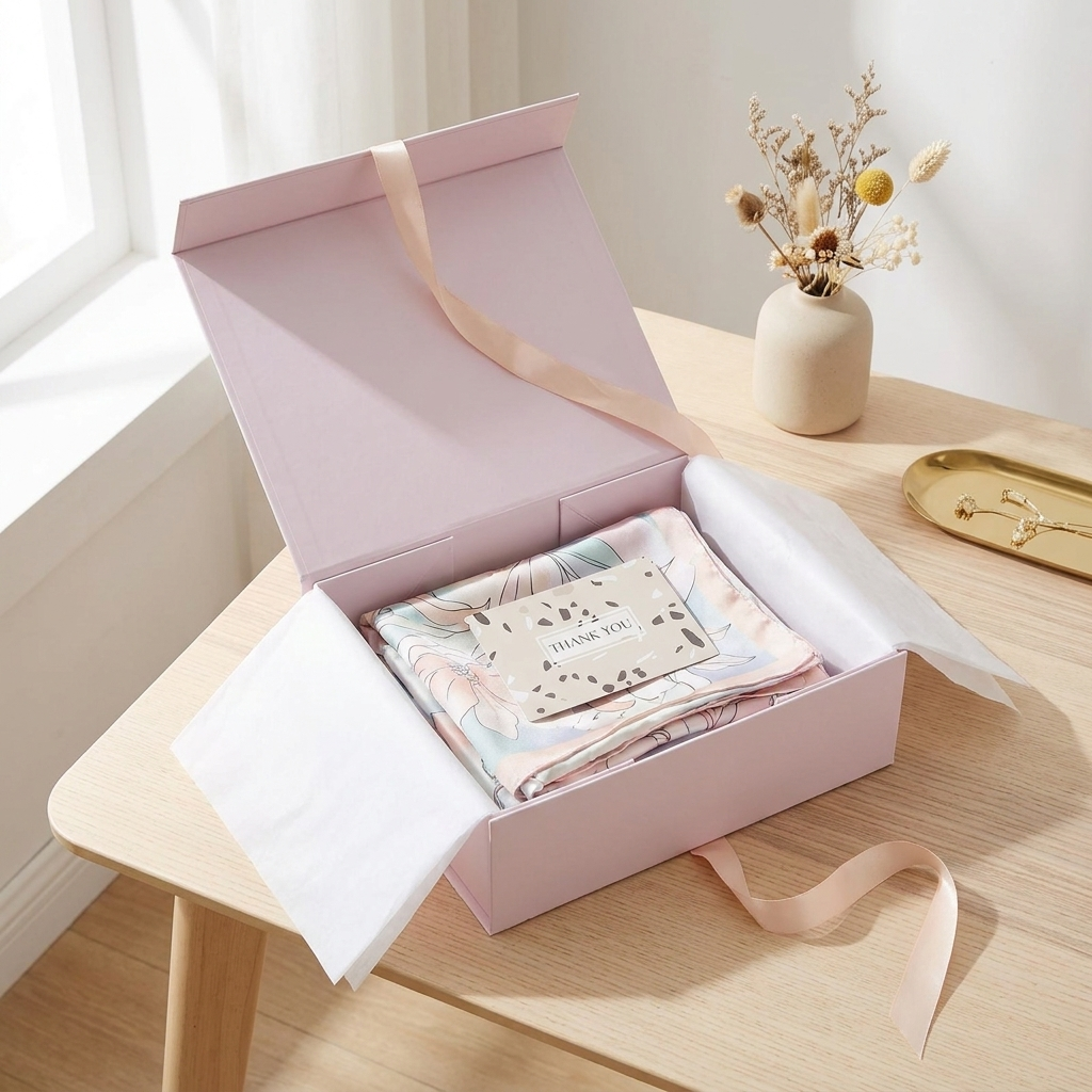 Open pink magnetic gift box with a gift and thank-you card inside