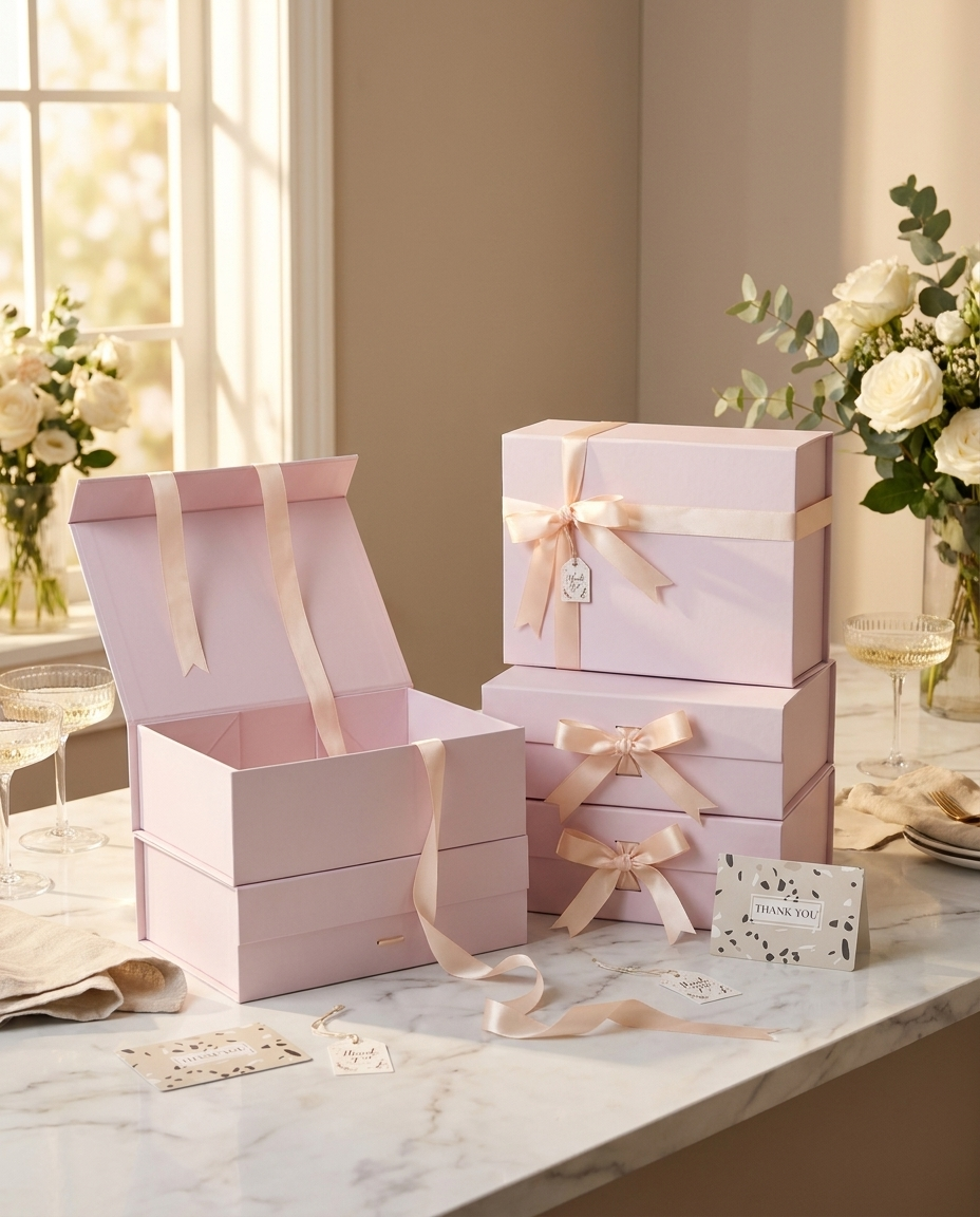 Stack of pink magnetic gift boxes with ribbon bows