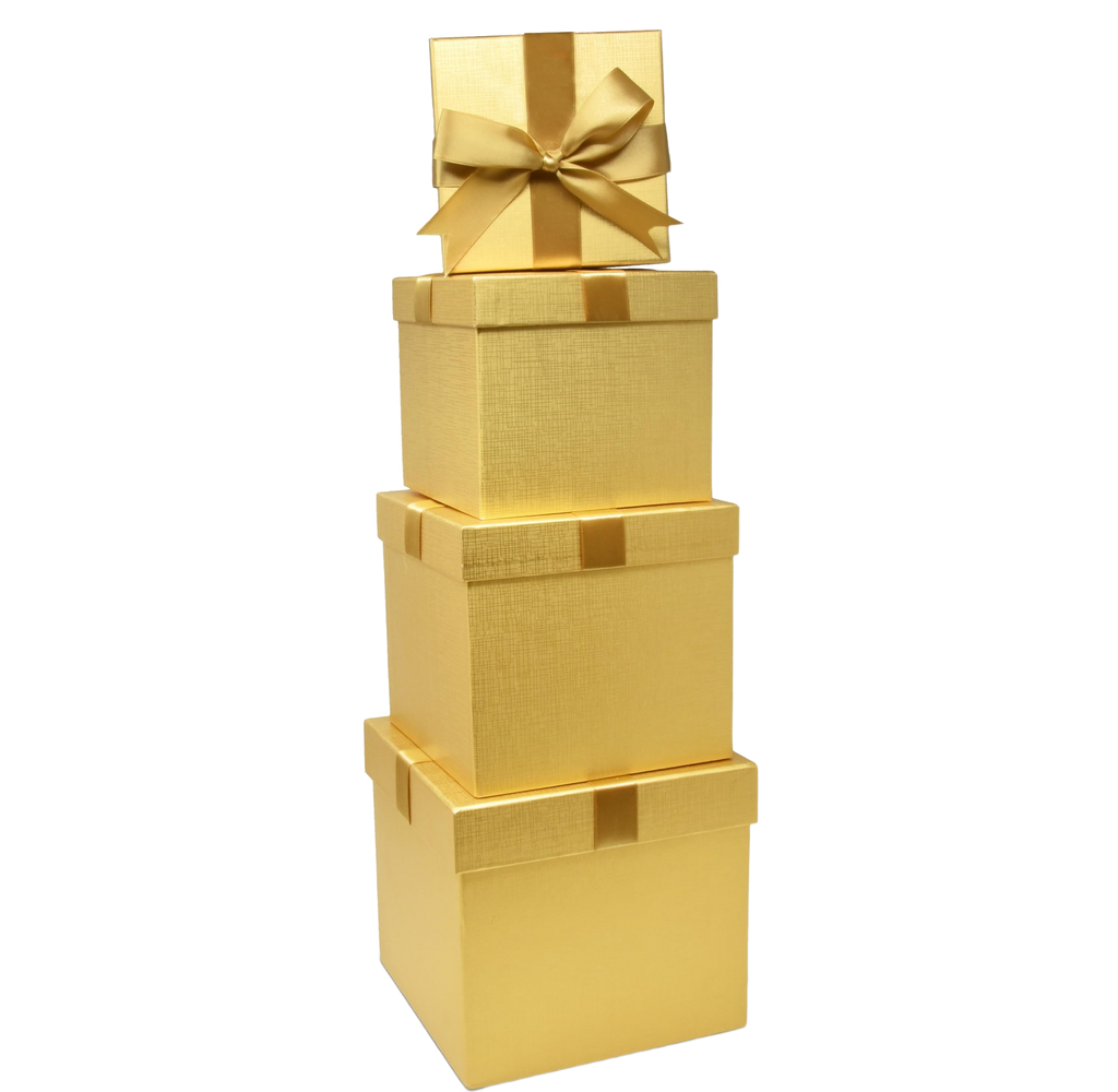 Set of 4 gold square nesting gift boxes with gold bows