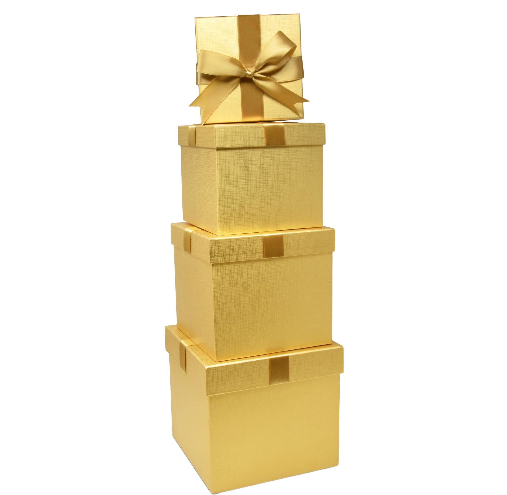 Set of 4 gold square nesting gift boxes with gold bows