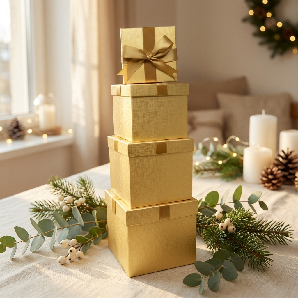 Gold square nesting boxes in festive holiday setting
