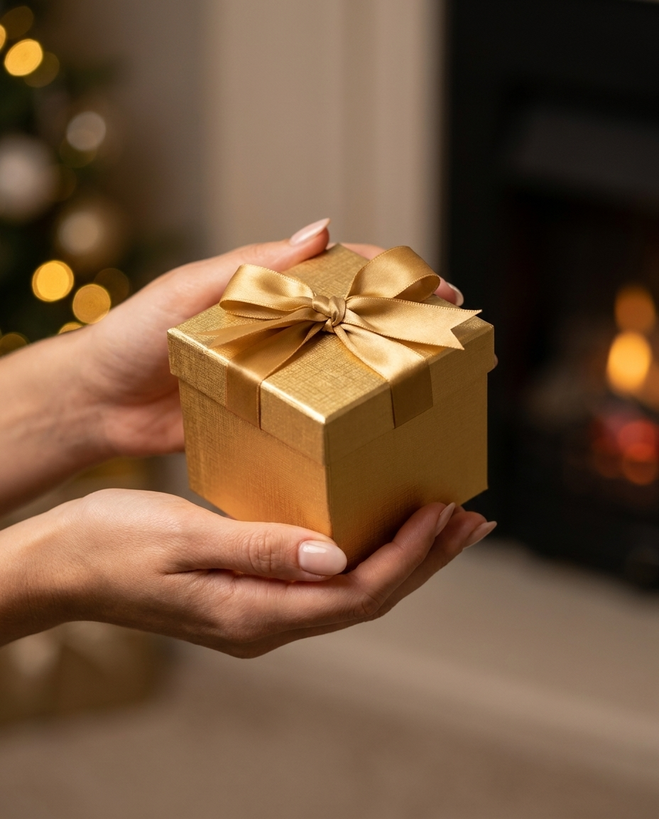 Gold square gift box with bow held in two hands