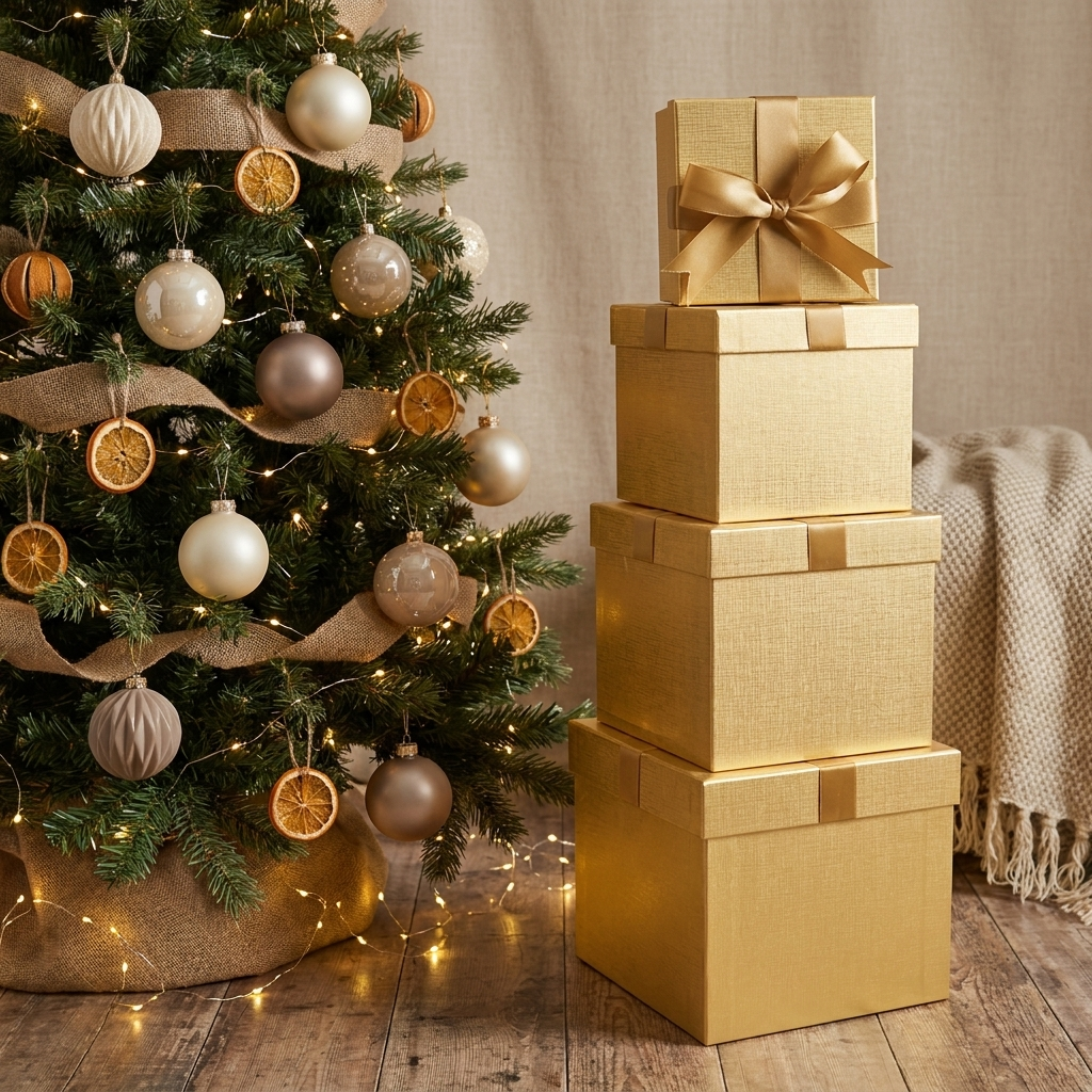 Gold square boxes stacked beside a Christmas tree with fairy lights