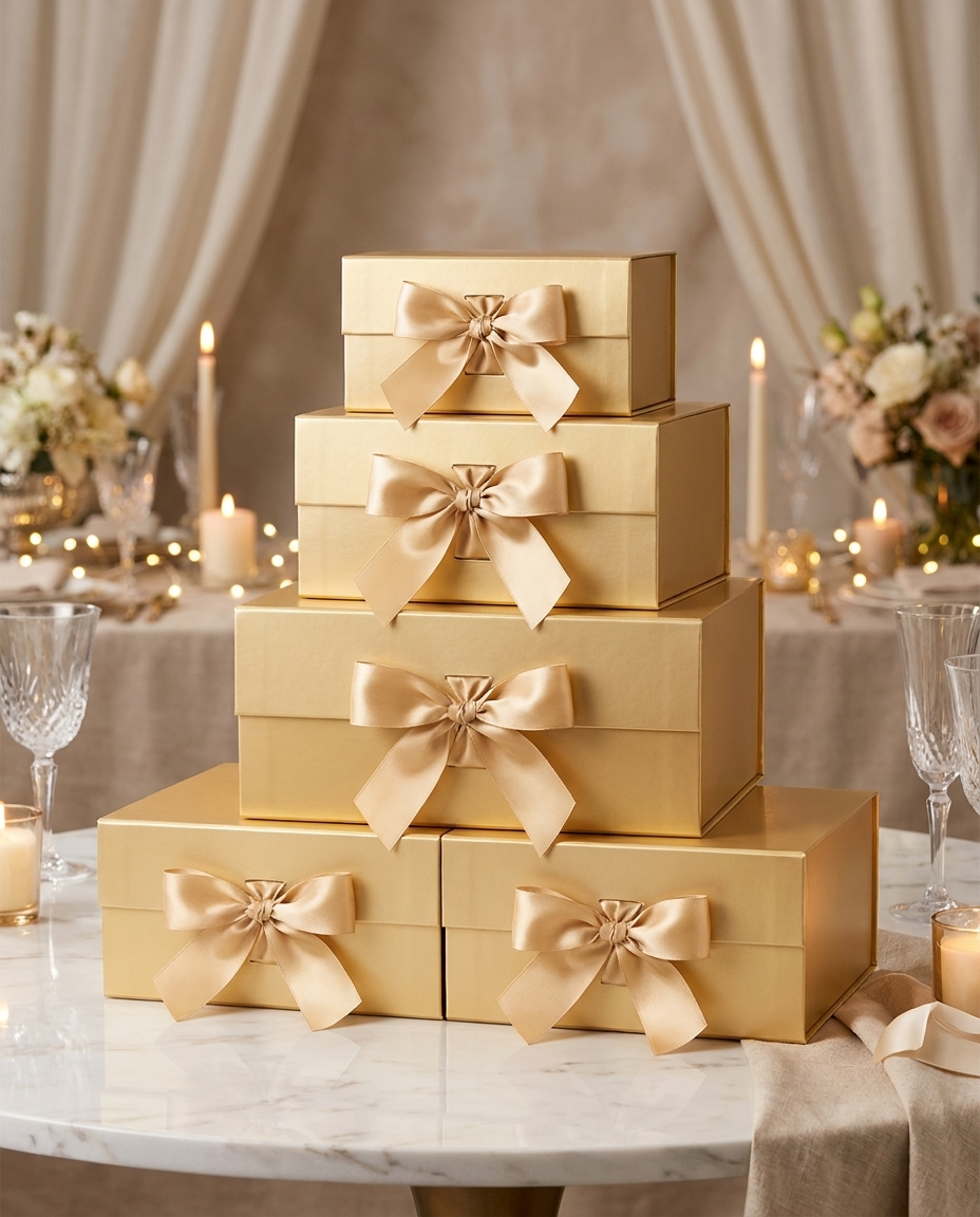 Stack of glossy gold gift boxes with ribbon bows