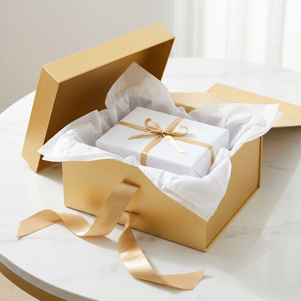 Open gold gift box with tissue and present inside