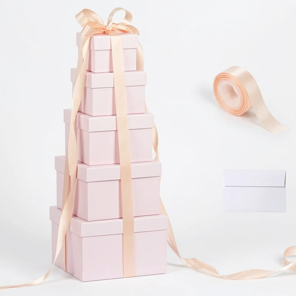 Pink nesting gift box tower with blush ribbon, ribbon roll and card